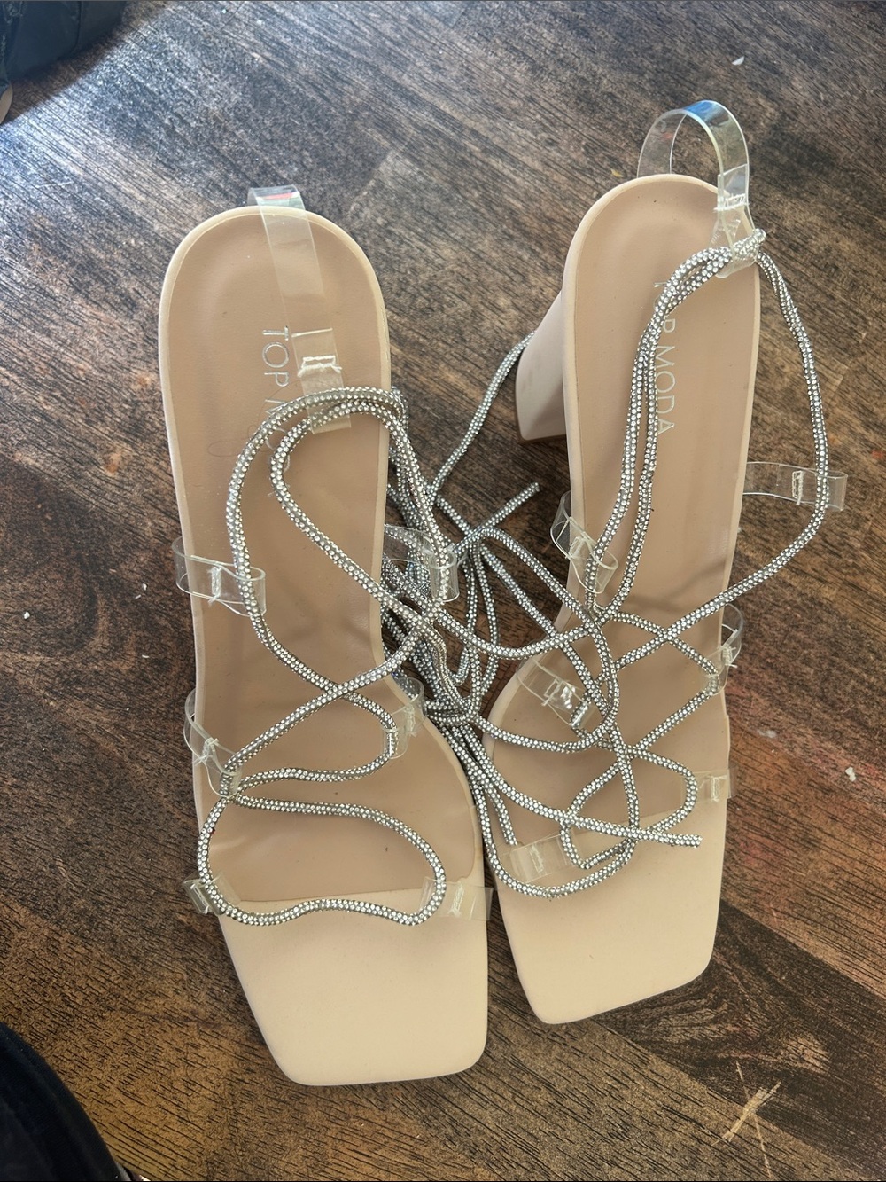 TOP Moda Nude Square-Toe Block Heels with Rhinestone Lace Straps